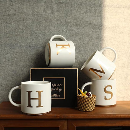 COLLECTIVE HOME - Monogram Ceramic Mugs, 15 oz Golden Initial Coffee Cups, Elegant Alphabet Tea Mugs, Elegant Personalized Mug with Gift Box, Unique Mug with Double Side Capital Letter (H)