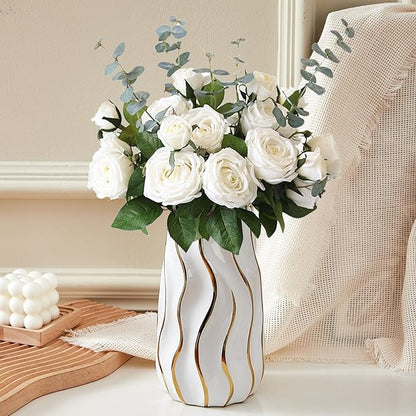 White Ceramic Vase for Home Decor,Decorative Flower Vase, Vertical Stripe Ceramic Vases for Home Décor, Bedroom, Office, Living Room, Bathroom, Tabletop Decor, Centerpiece (White)