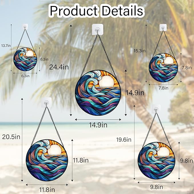 DASTOLL Stained Glass Window Hanging, Big Wave Sun Suncatcher Diamond Glass Panel Hangings Abstract Sun Catchers Decor for Birthday for Women, Men, Wife, Aunt, and Mom 14.9x14.9 in