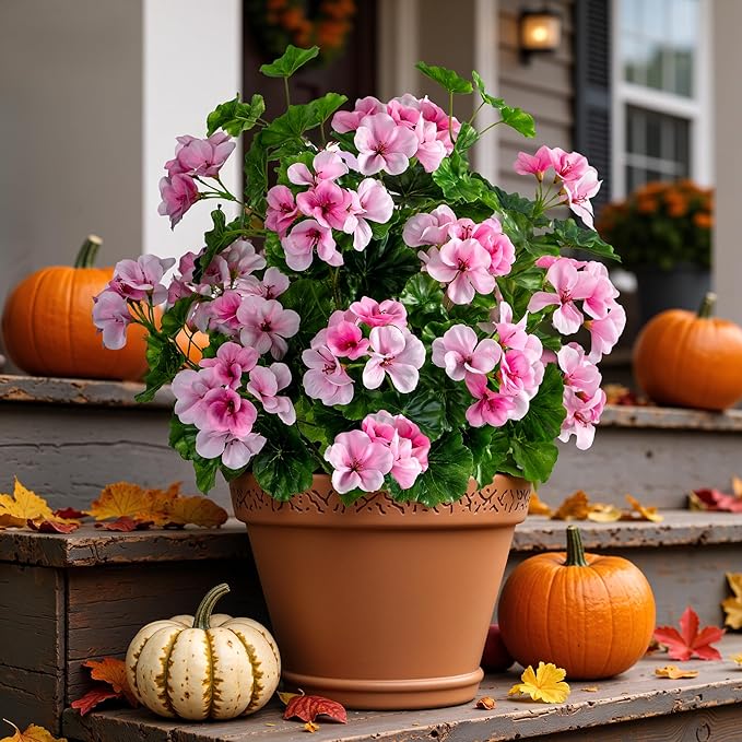Artificial Flowers for Outdoors 17.7In Artificial Geraniums for Indoor Fake Flowers 4PCS Uv Resistant Artificial Outdoor Flowers Suitable for Indoor Home Decor Outdoor Garden Decoration,Pink
