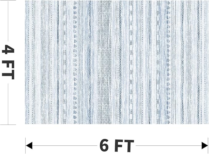 4x6 Area Rugs for Living Room Machine Washable Rug Distressed Indoor Carpet Neutral Moroccan Boho Rug Ultra Soft Area Rug for Bedroom Dining Room Playroom Office, Blue