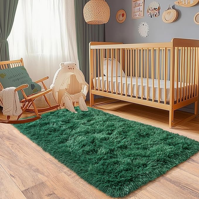 Small Runner Rugs for Bedroom Hallways, 2x4 Runners for Hallways Fluffy Shag Throw Area Rug Non Slip for Bedside Dorm, Shag Rugs for Girls Boys Bedroom, Floor Carpet Runner for Kids Dorm, Dark Green
