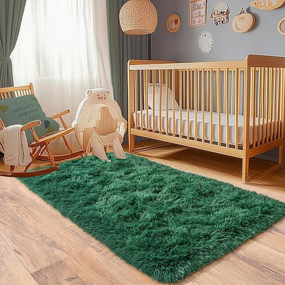 Small Runner Rugs for Bedroom Hallways, 2x4 Runners for Hallways Fluffy Shag Throw Area Rug Non Slip for Bedside Dorm, Shag Rugs for Girls Boys Bedroom, Floor Carpet Runner for Kids Dorm, Dark Green