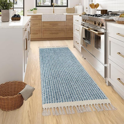 Lahome Boho Kitchen Runner Rugs, 2x6 Laundry Room Rug Lightweight Bathroom Runner Woven Cotton Throw Mat with Tassels, Farmhouse Washable Blue Rug Low Pile Runners for Hallways Entry