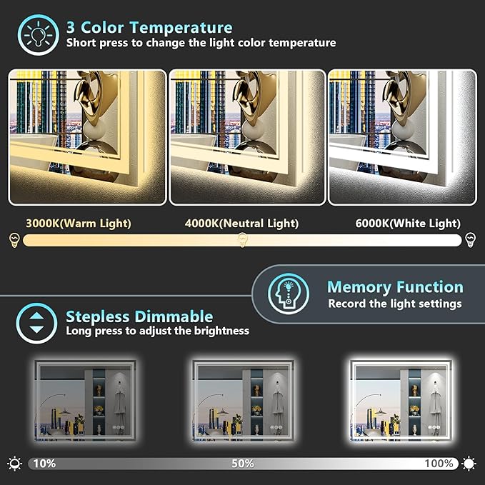 40x30 LED Bathroom Mirror with Lights, Backlit and Front Lit, Anti-Fog Lighted Vanity Mirrors for Bathroom Wall, Dimmable, 3-Color Light, Memory, Shatter-Proof, HD Tempered Glass, CRI＞90