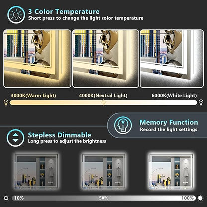 40x28 LED Bathroom Mirror with Lights, Backlit + Front Lit, Anti-Fog Lighted Vanity Mirror for Bathroom Wall, 3 Colors, Dimmable, Memory, HD Tempered Glass, Shatter-Proof, Horizontal/Vertical
