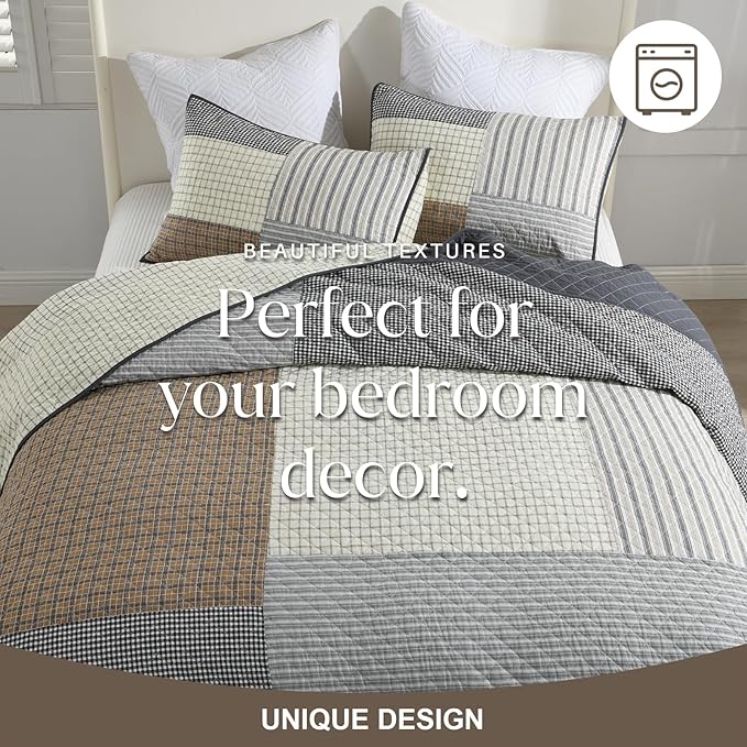 Oversized Quilt Bedspread 128"x120", 100% Cotton Patchwork Cal King Bedspreads Coverlet Set with Pillow Shams, Lightweight Quilted Farmhouse Bedding Cover, Brown/Beige/Gray