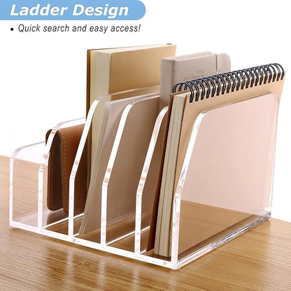 SANRUI Acrylic Desk File Organizer Holder for Desk, Clear Laddered 5 Upright Compartments Mail Sorters, Multifunction Desktop Envelope Folder Racks Document Holders for Office, Home, School