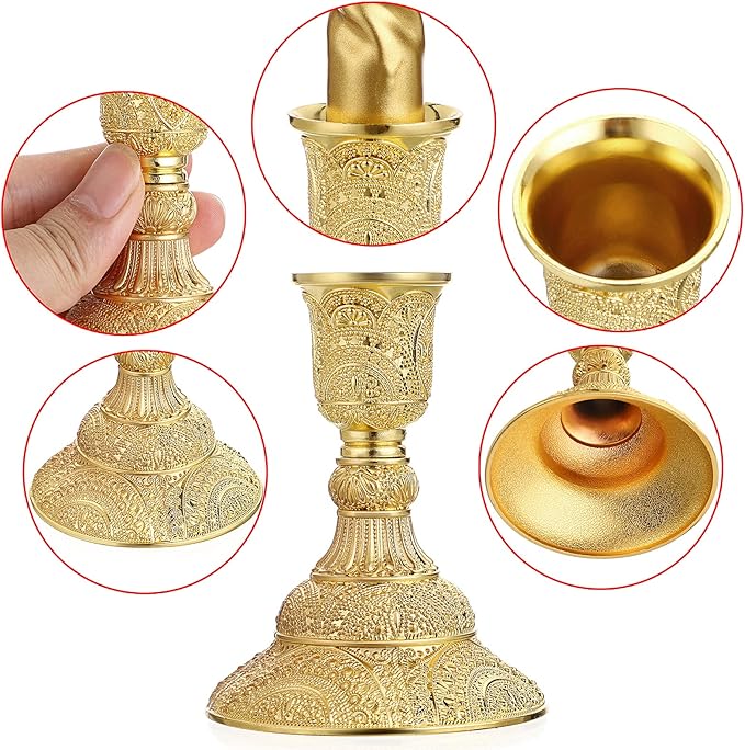 OwnMy 2PCS Brass Taper Candle Holders Candle Stick Holders Set Vintage Metal Pillar Candlestick Holders, 4”H Elegant Candle Stand Candelabra for Dining Table Centerpieces Wedding Home Decoration, Gold
