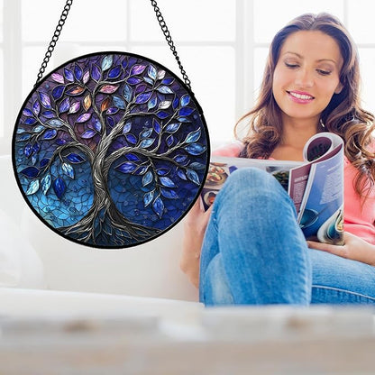 DASTOLL Stained Glass Window Hanging, Blue Purple Tree of Life Sun Catchers Colorful Glass Panel Plants Suncatcher Decor for Birthday for Women,Men,Wife, Lovers, and Mom 11.8x11.8 in