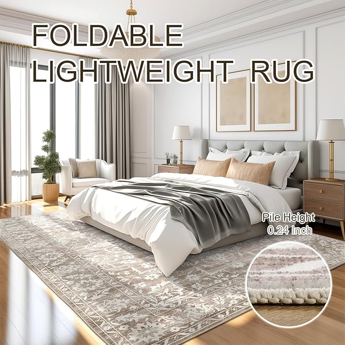 9x12 Area Rugs for Living Room, Stain Resistant Neutral Washable Rugs for Dining Room, Bedroom, Floral Vintage Non-Slip Extra Large Area Rug(Light Brown, 9'x12')