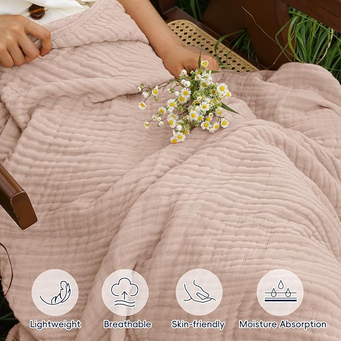 PHF Cooling Muslin Blanket King Size 104"x80", 6-Layer Lightweight Gauze Blanket Made from 35% Rayon Derived from Bamboo & 65% Cotton, Breathable & Ultra Soft Cozy for Hot Sleepers, Cameo Rose