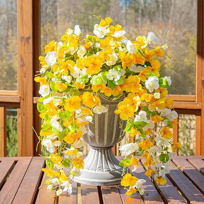 Fake Hibiscus Artificial Hanging Flowers Plants for Outdoors Spring Decoration, 2pcs Silk Hibiscus Vines Realistic UV Resistant Yellow Faux Flowers for Outside Planter Porch Patio Yard Wedding Party