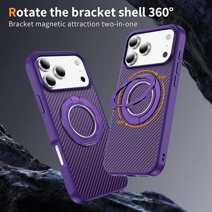 Mag-Stand Carbon Fiber Case for iPhone 17 Pro Max, 360° Rotate Magnetic Stand, Compatible with MagSafe, 15FT Military Protection, Slim Shockproof Magnetic Kickstand Mag Phone Case for Men Women