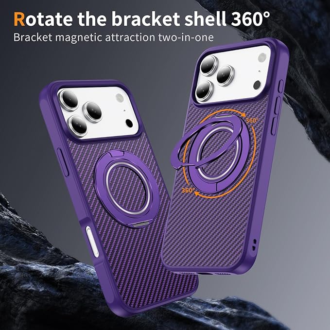 Mag-Stand Carbon Fiber Case for iPhone 17 Pro, 360° Rotate Magnetic Stand, Compatible with MagSafe, 15FT Military Protection, Slim Shockproof Magnetic Kickstand Mag Phone Case for Men Women