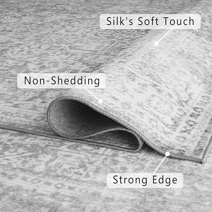 vivorug 3x5 Neutral Area Rugs, Stain Resistant Washable Rug for Living Room, Vintage-Inspired (Ivory/Silver, 3'x5')