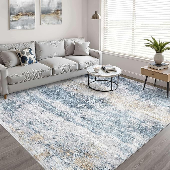 6x9 Area Rugs Living Room: Washable Large Neutral Rug Abstract Soft Modern Stain Resistant Indoor Floor Non-Slip Carpet for Bedroom Nursery Kids Office Playroom Dining Room Under Table- Blue Gold