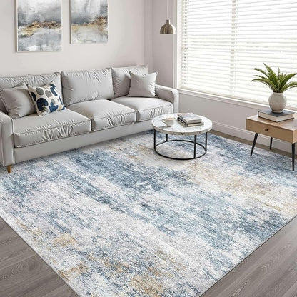 8x10 Area Rugs Living Room: Washable Large Neutral Rug Abstract Soft Modern Stain Resistant Indoor Floor Non-Slip Carpet for Bedroom Nursery Kids Office Playroom Dining Room Under Table- Blue Gold