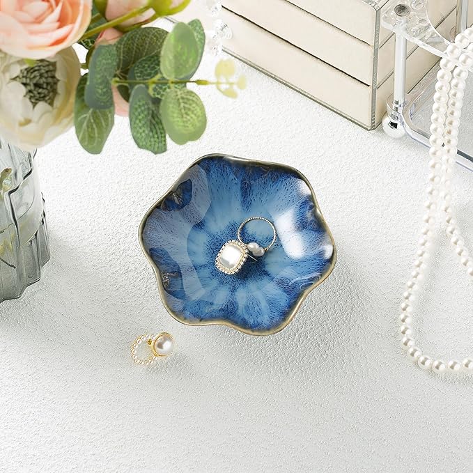 Ceramic Ring Dish, Jewelry Dish Holder, Small Trinket Tray Plate for Earrings Rings Necklaces Keys, for Mom Friend Sister, Dark Blue