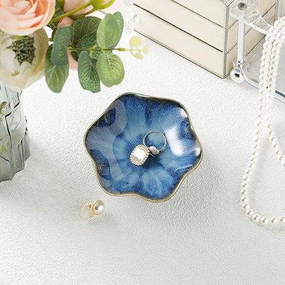 Ceramic Ring Dish, Jewelry Dish Holder, Small Trinket Tray Plate for Earrings Rings Necklaces Keys, for Mom Friend Sister, Dark Blue