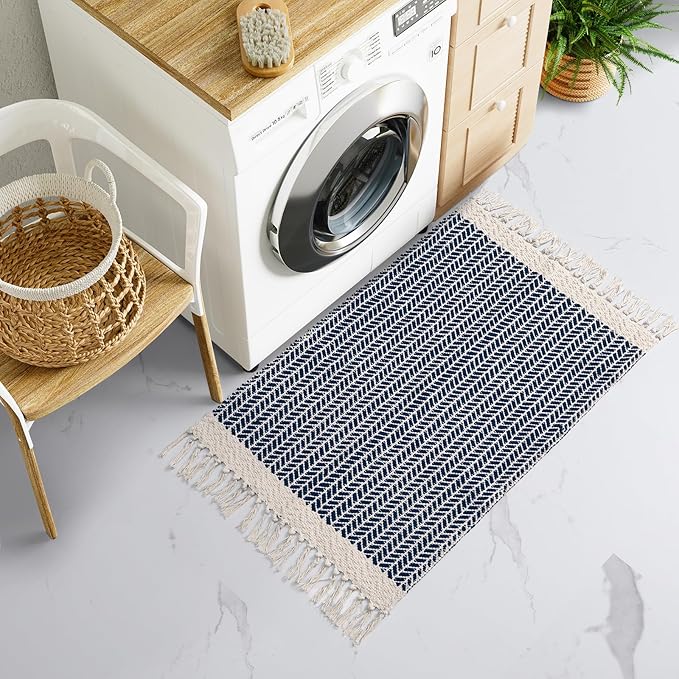 Lahome Boho Bathroom Rugs, Small 2x3 Front Door Mat Lightweight Entryway Rug Woven Cotton Area Rug with Tassels, Farmhouse Non Shedding Washable Blue Throw Rug Low Pile Carpet for Entry Laundry