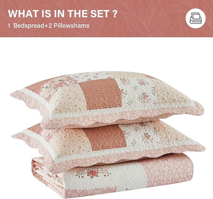 SahSahCasa 120"x120" 100% Cotton Oversized California King Patchwork Bedspread Coverlet Quilt Set, Floral Cal King Quilted Bedspread Extra Large Quilt, XL Bed Spread Lightweight Comforter, Pink/Cream