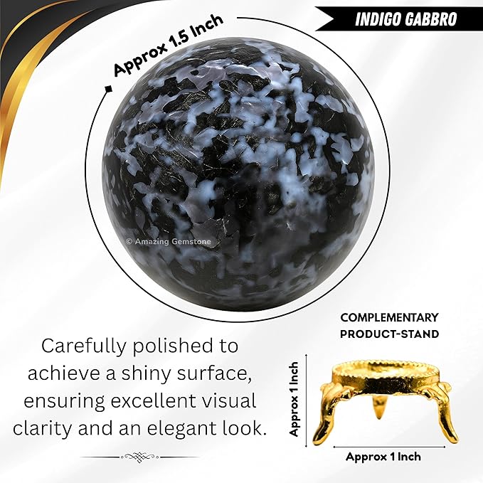 Amazing Gemstone Indigo Gabbro Crystal Ball with Stand - 1.5 Inches Crystal Sphere Meditation Balls for Witchcraft and Decorative Balls