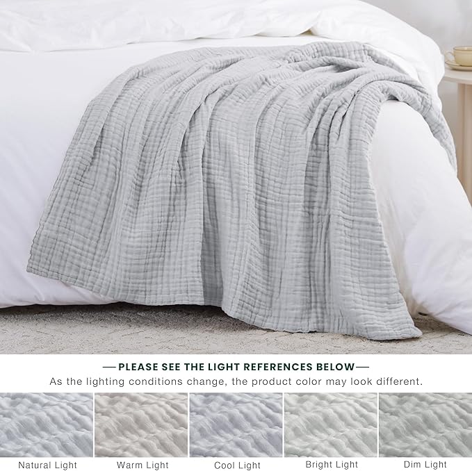 Love's cabin 6 Layer 100% Cotton Muslin Blanket, 60"x80" Twin Muslin Blanket for Couch Bed, Lightweight and Breathable Cotton Gauze for Adult, Light Grey