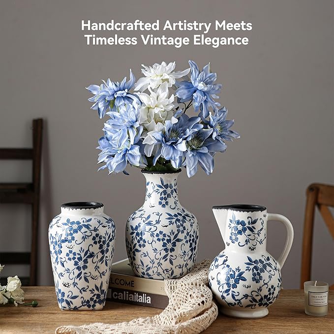 Blue and White Vintage Vase with Handle, Ceramic Chinoiserie Floral Pitcher Vase, Blue Large Vases for Home Decor Living Room, Rustic Table Centerpiece Grand Millennial and Tuscan Decor 8.7 Inch