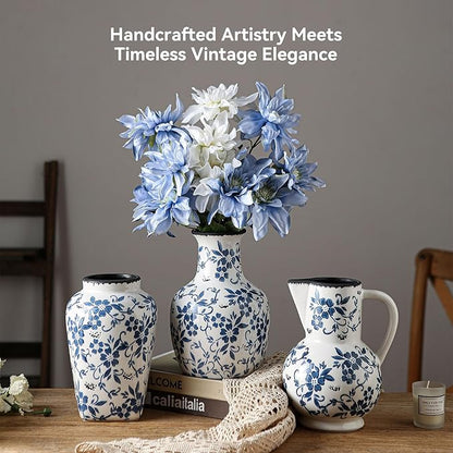 Blue and White Chinoiserie Vase, Handmade Vintage Floral Ceramic Vase, Round Blue Vase for Flowers, Rustic Table Centerpiece, Blue Vases Home Decor for Living Room, Office, Kitchen 8.4 in