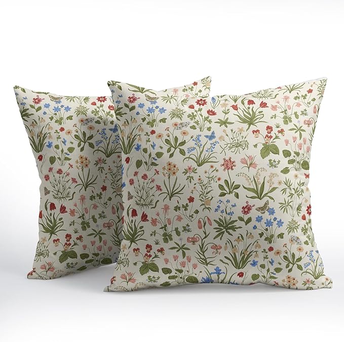 Vitage Floral Pillow Covers 16x16 Set of 2 Spring Green Red Cream Pattern Rustic Decorative Outdoor Farmhouse Zipper Flower Linen Pillowcases Decorations Throw Cushion Cover Decor for Couch Sofa Bed