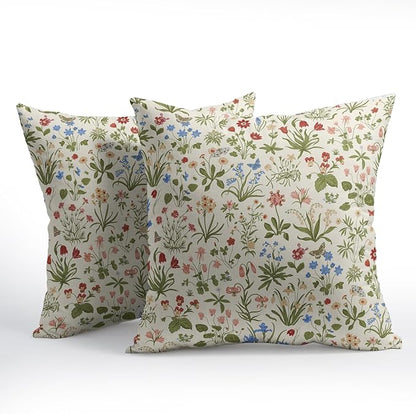 Vitage Floral Pillow Covers 24x24 Set of 2 Spring Green Red Cream Pattern Rustic Decorative Outdoor Farmhouse Zipper Flower Linen Pillowcases Decorations Throw Cushion Cover Decor for Couch Sofa Bed
