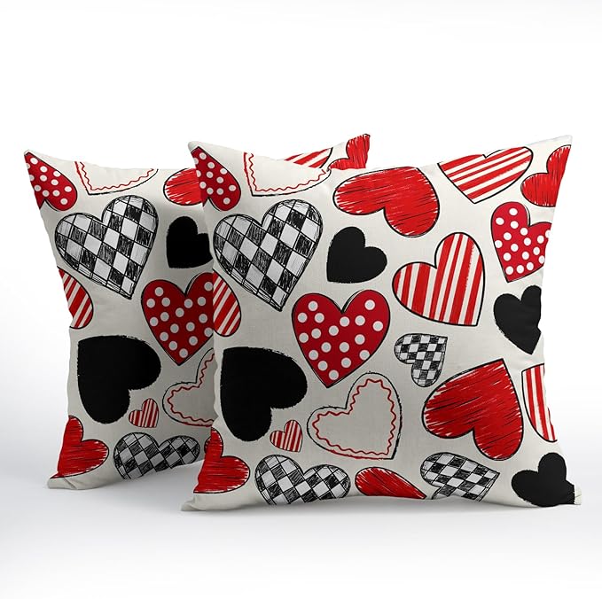 Valentines Day Pillow Covers 18x18 Set of 2 Black Red Heart Throw Pillow Covers Love Pillowcase Linen Decoration Farmhouse Holiday Cozy Soft Cushion Case Couch for Indoor Outdoor Home Decor