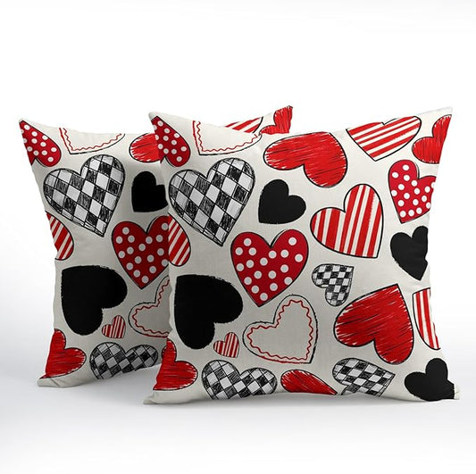 Valentines Day Pillow Covers 20x20 Set of 2 Black Red Heart Throw Pillow Covers Love Pillowcase Linen Decoration Farmhouse Holiday Cozy Soft Cushion Case Couch for Indoor Outdoor Home Decor