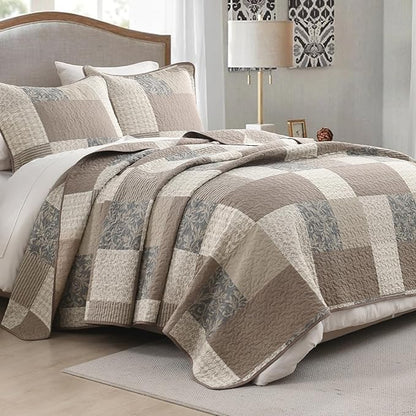 100% Cotton Quilt Set Queen Size - Plaid Quilted Comforter, Patchwork Botanical Queen Quilt Bedspread, Modern Farmhouse Lightweight Bedding for Queen Bed, 3pcs, Brown/Beige/Khaki