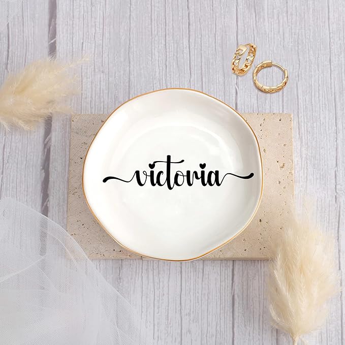 JoycuFF Victoria Personalized Name Ceramic Jewelry Tray, Mothers Day Christmas Anniversary Engagement Birthday Gifts for Women Couples, Trinket Dish for Rings Earrings Necklaces Bracelets Keys
