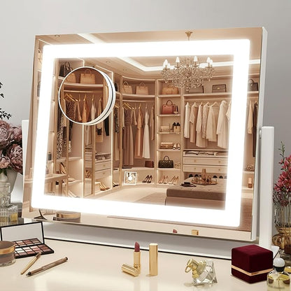 HNV 16"x13" Vanity Mirror with Lights, Rectangular Lighted Makeup Mirror with 10X Magnification, 3 Color Modes & Brightness Adjustable, Smart Touch, 360° Rotation Tabletop Mirror for Bedroom (White)