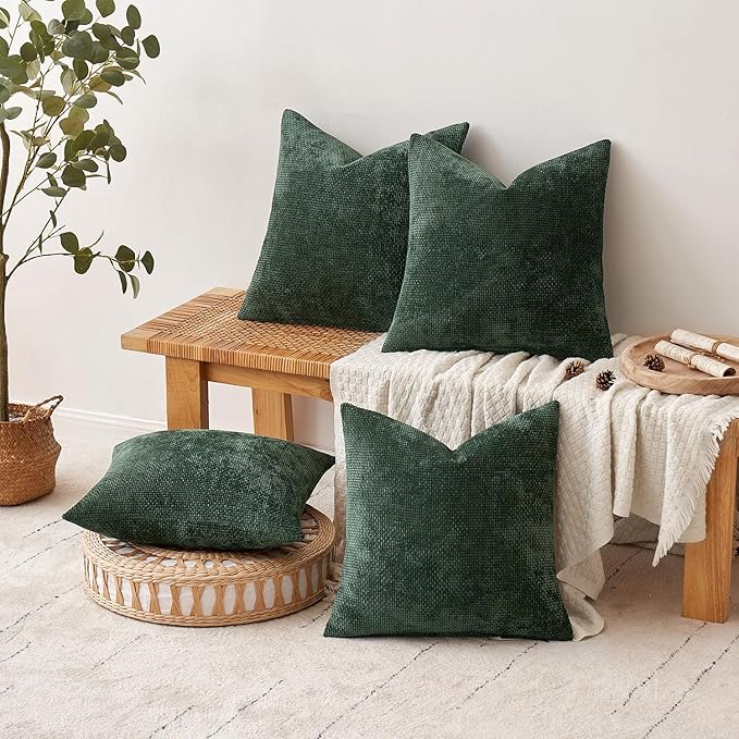 MIULEE Christmas Pack of 4 Couch Throw Pillow Covers 16x16 Inch Green Soft Decorative Chenille Pillow Covers Farmhouse Accent Cushion Covers for Boho Home Decor Sofa Bedroom Living Room