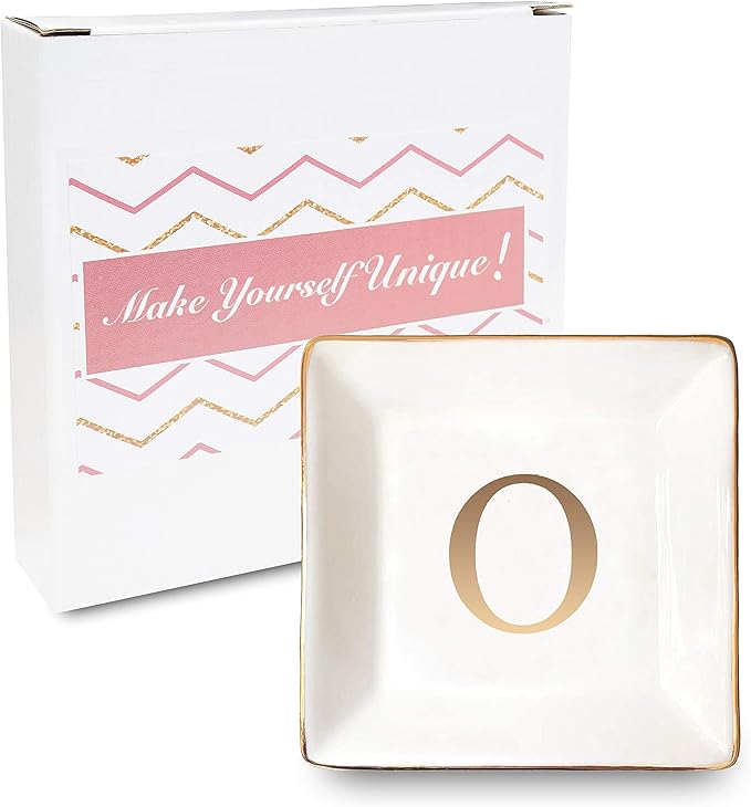 ANOTION Jewelry Tray Ring Dish with Ini-tial Gift- Personalized Trinket Dish and Jewelry Dish with Gold Initials Key Bowl Ceramic Holder, Unique Wedding or Engagement Present