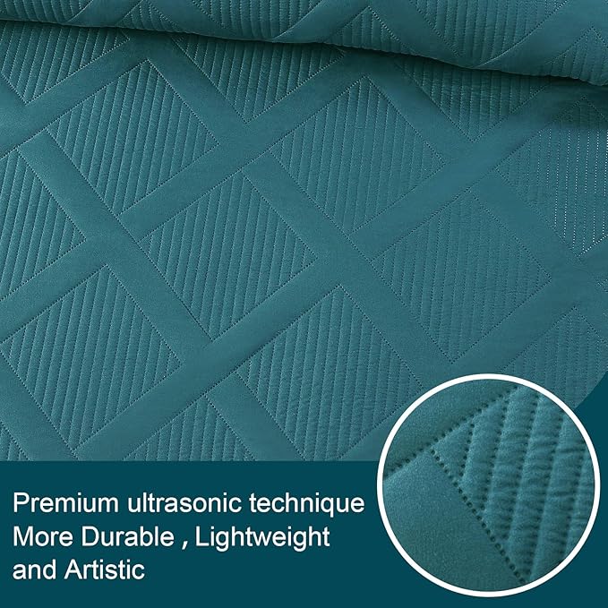 Exclusivo Mezcla Twin Size Quilt Set - Teal Quilts Bedding Set with 2 Pillow Shams, Modern Bedspread with Striped Pattern, Soft Lightweight Bedspreads Coverlets for All Seasons