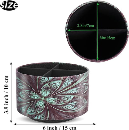 lizimandu Round Leather Art Supply Organizer,Remote Control Holder,360 Degree Rotating,Multi-Functional Pencil Holder,4 Compartments Desktop Stationary Organizer(1-Green Flower)