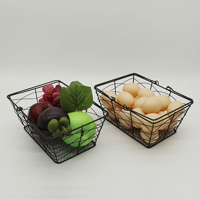 CVHOMEDECO. Metal Wire Fruit Baskets, Set of 2, Black, Rustic, Oval, Sturdy, Open Top, Powder Coated, Kitchen Hanging Baskets