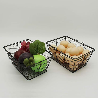 CVHOMEDECO. Metal Wire Fruit Baskets, Set of 2, Black, Rustic, Oval, Sturdy, Open Top, Powder Coated, Kitchen Hanging Baskets