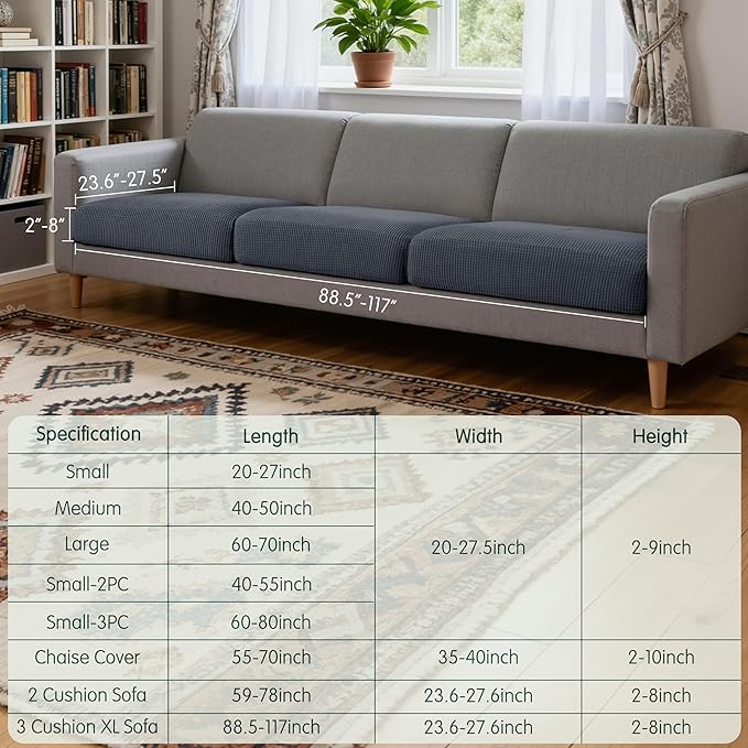 CHUN YI 3 Piece Couch Cushion Covers for XL-Sofa Seat Slipcovers Suitable with Spandex Jacquard Washable Fabric (3 Piece XL-Sofa Cushion Covers, Grey)