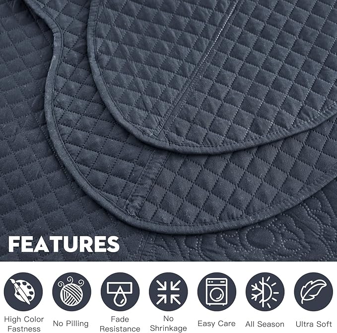 HZ & HY Oversized King Bedspread 138x122 Extra Wide, Ultrasonic Coverlet Bedding Set, Lightweight Thin Comforter, Reversible, 5 Piece, 100% Microfiber, California/Alaskan King, Navy Blue
