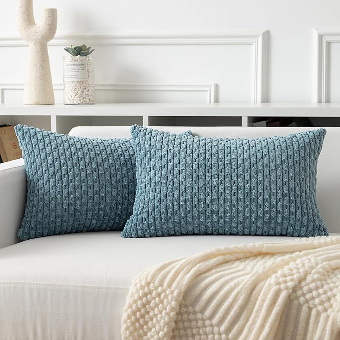 Kevin Textile 14x24 Inch Pillow Cover 1 Pack Boho Decorative Soft Striped Corduroy Lumbar Farmhouse Solid Color Accent Rectangle Cushion Case for Living Room Couch Sofa Bed, Blue Grey