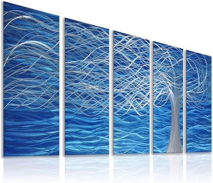 MyArton Unique Metal Wall Sculpture, Metal Wall Art with Tree Painting Design, Abstract Modern and Contemporary Décor, Aluminum Blue Artwork, Indoor and Outdoor decoration, 5 panels 64"Wx24"H