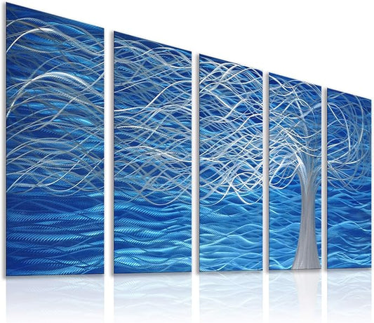 MyArton Unique Metal Wall Sculpture, Metal Wall Art with Tree Painting Design, Abstract Modern and Contemporary Décor, Aluminum Blue Artwork, Indoor and Outdoor decoration, 5 panels 64"Wx24"H