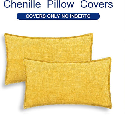 CaliTime Throw Pillow Covers Decorative 12 X 20 Inches Pack of 2 Cotton Thread Stitching Edges Solid Dyed Soft Chenille Cushion Cases for Couch Sofa Bed Living Room Farmhouse Mustard Yellow