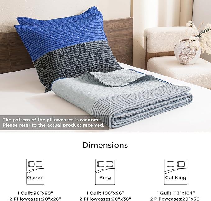Litanika California King Quilt Set Blue and Grey - Cal King Oversized Stripe Comforter Bedspreads & Coverlets - Soft Lightweight Quilted Bedding Set for All Season(1 Quilt, 2 Pillowcases)